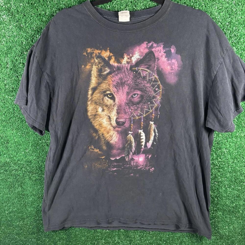 Men's Wolf Dreamcatcher Native American T-Shirt Green Nature Art Sz XL Vtg Y2K